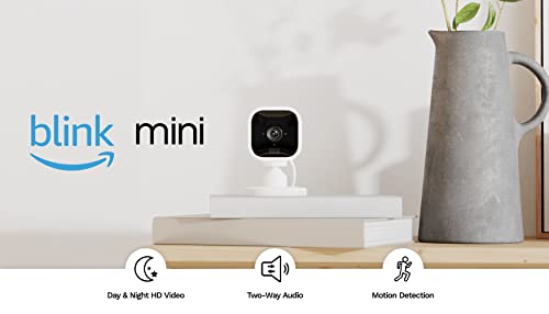 Blink Mini - Compact indoor plug-in smart security camera, 1080p HD video, night vision, motion detection, two-way audio, easy set up, Works with Alexa – 4 cameras (White)