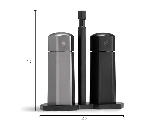 HexClad Tabletop Salt and Pepper Mill Set and Carrying Caddy Holder with Adjustable Coarseness Settings