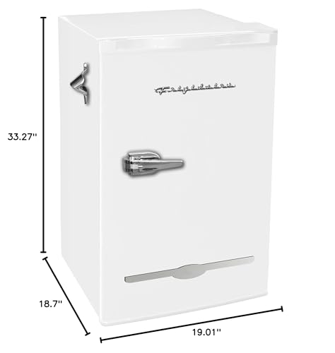 Frigidaire Retro Compact Fridge with Chiller, 3.2 cu ft Countertop Fridge with Built-In Bottle Opener, Compact Refrigerator for Office, Bedroom, Dorm Room or Cabin - 16.5" D x 19" W x 31" H (White)