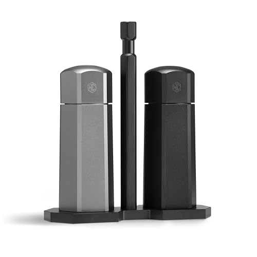 HexClad Tabletop Salt and Pepper Mill Set and Carrying Caddy Holder with Adjustable Coarseness Settings