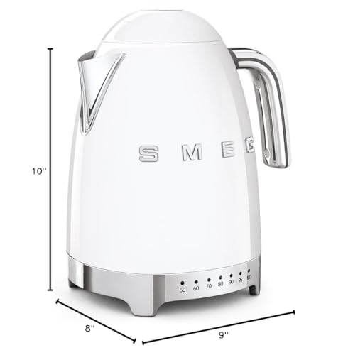 Smeg 50's Retro 7 Cup Stainless Steel Variable Temperature Electric Kettle with 7 Temperature Settings, Led Display, Swivel Base and Keep Warm Function White KLF04WHUS