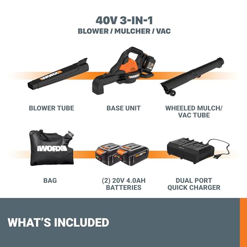 WORX 40V Leaf Blower Cordless with Battery & Charger, 3-in-1 Blower for Lawn with Vacuum and Mulcher, Cordless Leaf Blower with Brushless Motor, 2-Speed Control WG583 – 2 Batteries & Charger Included