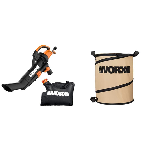 WORX WG509 12 Amp TRIVAC 3-in-1 Electric Leaf Blower with All Metal Mulching System & WA0030 Landscaping 26-Gallon Collapsible Yard Waste Bag/Leaf Bin