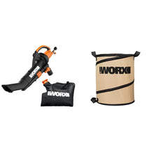 WORX WG509 12 Amp TRIVAC 3-in-1 Electric Leaf Blower with All Metal Mulching System & WA0030 Landscaping 26-Gallon Collapsible Yard Waste Bag/Leaf Bin