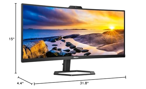 Philips 34E1C5600HE 34" UltraWide QHD 21:9 Monitor with Built-in Windows Hello Webcam & Noise Canceling Mic, USB-C Docking, Stereo Speakers, 100Hz, 4-Year Advance Replacement