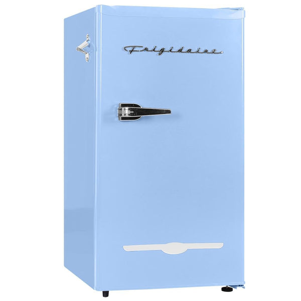 Frigidaire Retro Compact Fridge with Chiller, 3.2 cu ft Countertop Fridge with Built-In Bottle Opener, Compact Refrigerator for Office, Bedroom, Dorm Room or Cabin - 16.5" D x 19" W x 31" H (Blue)