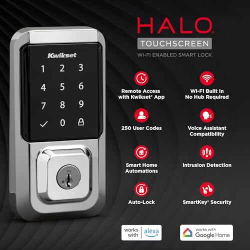 Kwikset Halo Wi-Fi Smart Lock, Keyless Entry Door Deadbolt, Geofence Auto-Unlock, Grade AAA Certified, No Hub Easy Install, Polished Chrome Lifetime Finish Warranty, Touchscreen