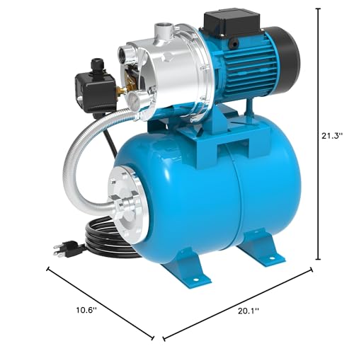 BOMGIE 1.5HP Shallow Well Pump with Pressure Tank,1200GPH NSF Certification for Drinking Water Safety,115V,Stainless Steel Irrigation Jet Pump Automatic Booster Pump for Home, Garden, Lawn