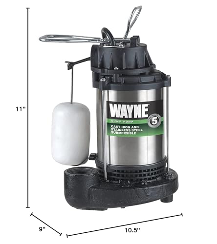 Wayne 58321-WYN3 CDU980E 3/4 HP Submersible Cast Iron and Stainless Steel Sump Pump with Integrated Vertical Float Switch, Large, Silver