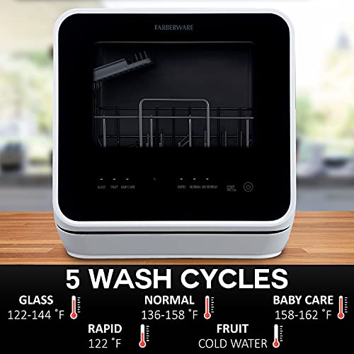 Farberware FDW05ASBWHA Complete Portable Countertop Dishwasher with 5-Liter Built-in Water Tank, 5 Programs, Baby Care, Glass & Fruit Wash, Black/White Original