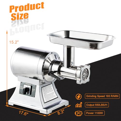 TECSPACE 1.5HP 1100W Heavy Duty Commercial Electric Meat Grinder, Heavy Duty Meat Mincer, 550 LBS/H Capacity, Grinding Speed 193 R/MIN