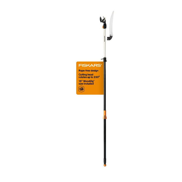 Fiskars 2-in-1 Extendable Tree Pruner and Pole Saw (Extends 7.9 - 12 feet) with Rotating Head, Pruning Stik Model with15-Inch Double-Grind Saw Blade, and Double Locking System