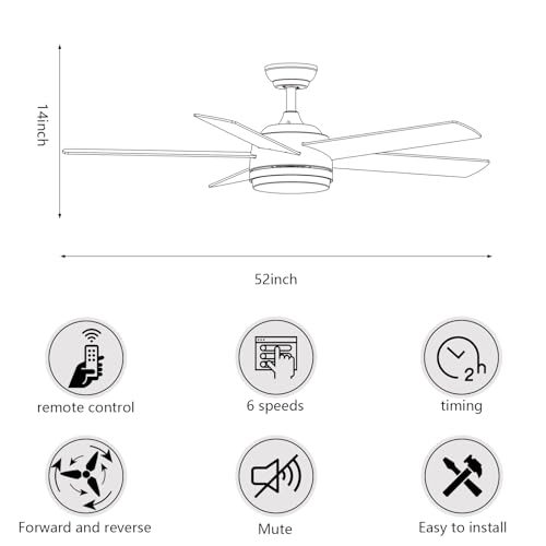 YUHAO 52 inch Black Ceiling Fan with Lights and Remote Control,Dimmable 3 Color temperatures LED,6 Speed Reversible DC Motor,5 Blades Modern Ceiling Fan for Indoor or Covered Outdoor