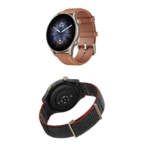 Bundle of Amazfit GTR 3 Pro Smart Watch (Brown Leather) + 22mm Nylon Replacement (Black)