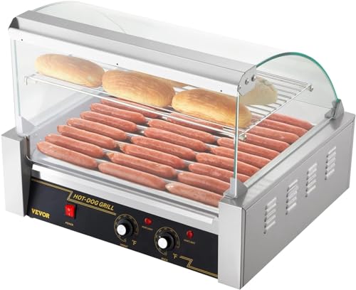 VEVOR Hot Dog Roller, 30 Hot Dog Capacity 11 Rollers, 1800W Stainless Steel Cook Warmer Machine w/Cover & Dual Temp Control, LED Light & Detachable Drip Tray, Sausage Grill Cooker for Kitchen Canteen