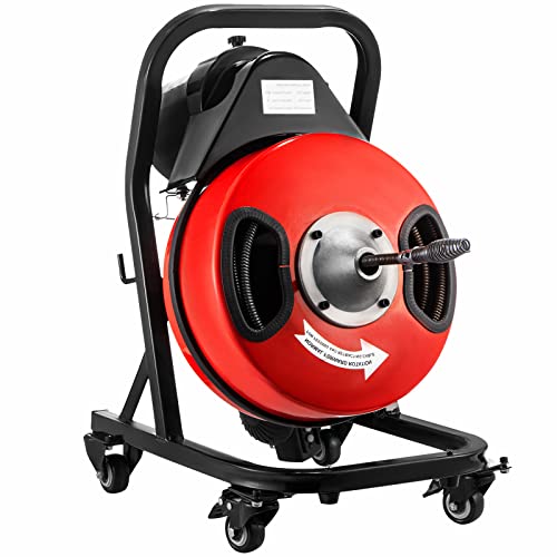 VEVOR 50FT x 1/2Inch Sewer Snake Cleaning Machine on 4 Wheels Electri Drain Auger with 4 Cutters & Foot Switch for 1''-4'' Pipes, Red, Black