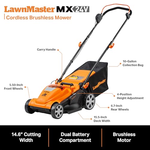 LawnMaster CLMF4815E 48V MAX* 15-inch Brushless Cordless Mower with 2X24V MAX* 4.0Ah Battery and a Dual Charger