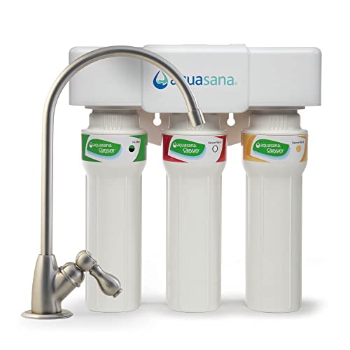 Aquasana Under Sink Water Filter System - Reduces PFAS, Lead, & Chlorine in Drinking Water - Under Counter Claryum Filtration for Kitchen - 3-Stage Max Flow - Brushed Nickel Faucet - AQ-5300+.55