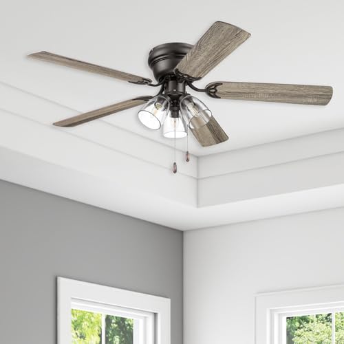 Portage Bay Ceiling Fans 52" Renton Bronze Indoor Fan with Clear 3 Light LED Multi Arm; E26/B11 Bulb and Pull-Chains, Traditional Style, 5 Reversible Barnwood/Dark Chestnut Blades, 51439