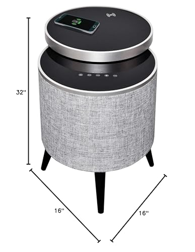 Soundstream STSW-180MCM-G Home End Table with Tempered Glass Swivel Top, 5 Channel Speaker System, Wireless Charging, USB Charging Port, Smart Corner Table with Surround Sound