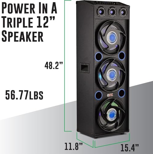 QFX SBX-412300BT TWS Bluetooth Triple 12” Woofer Triple 1” Tweeter Recording High-Performance PA Cabinet Speaker with 10-Band Graphic EQ, 2 Microphone Inputs, Guitar Input, and AUX Input, Blue