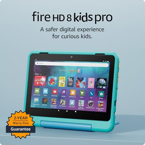 New Amazon Fire HD 8 Kids Pro tablet, ages 6-12. Bright 8" HD screen, includes ad-free content, parental controls, 13-hr battery, slim case for older kids, 64GB, Hello Teal, (2024 release)