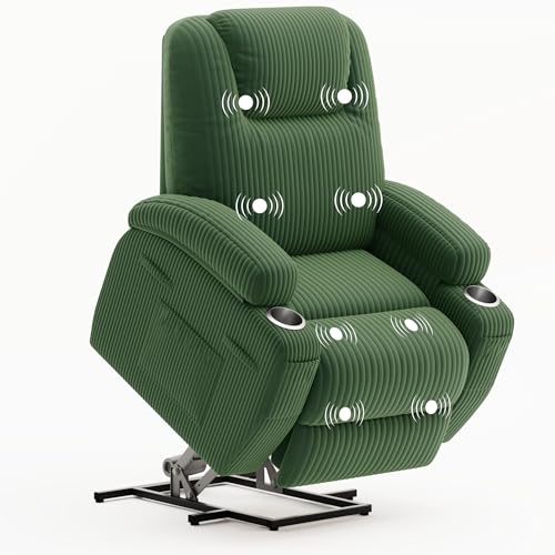 Power Lift Recliner Chair with Massage Ergonomic Recliner Chair for Elderly People, Single Sofa with Cup Holders, Side Pockets (Corduroy, Green)