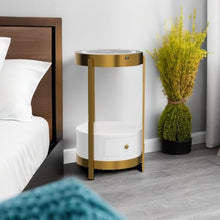 wangpengkai Gold Smart Led Nightstand with White Drawers,14in Sofa Round End Table with USB & AC Port Wireless Charging Station,Bedside Table/Side Table for Bedroom/Living Room