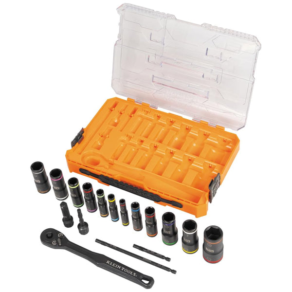 Klein Tools 65626 KNECT Deep Well Impact Socket Set, 3/8-Inch Drive Ratchet, 24 SAE and Metric Flip Socket Sizes, MODbox Case, 18-Piece