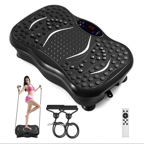 Vibration Plate Exercise Machine - Compact Portable Full Body Vibration Platform for Lymphatic Drainage - 9 Preset Auto Mode Fitness Board for Weight Loss Shaping, with Resistance Bands