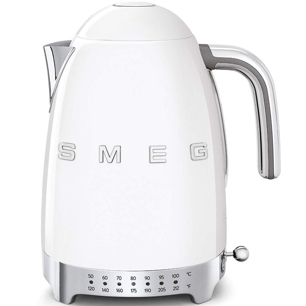 Smeg 50's Retro 7 Cup Stainless Steel Variable Temperature Electric Kettle with 7 Temperature Settings, Led Display, Swivel Base and Keep Warm Function White KLF04WHUS