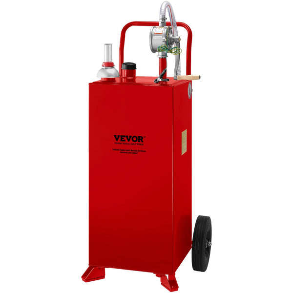 VEVOR 30 Gallon Fuel Caddy, Fuel Storage Tank on 2 Wheels, Portable Gas Caddy with Manual Transfer Pump, Gasoline Diesel Fuel Container for Cars, Lawn Mowers, ATVs, Boats, More, Red