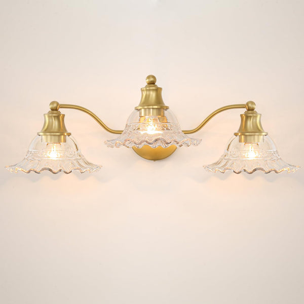 Vintage Bathroom Light Fixtures, Gold 3 Light Bathroom Vanity Light, Brass Bathroom Lighting Fixtures over Mirror, Flower Vanity Light with Glass Shade, Wall Sconce for Bedroom Doorway Foyer Hallway