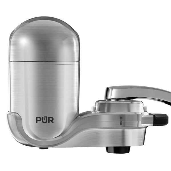 PUR PLUS Vertical Faucet Mount Water Filtration System with 3-in-1 Lead Reducing Filter for Great-Tasting Filtered Tap Water, Lasts 100 Gallons, Stainless Steel