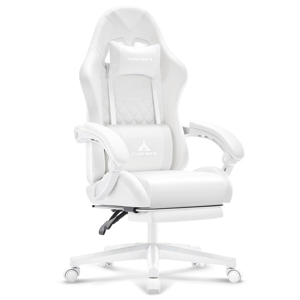 TUKAKA White Gaming Chair,Ergonomic Massage Computer Office Desk Chair with Footrest,Pocket Spring Cushion,Reclining Leather Adjustable Gamer Chair with Headrest and Lumbar Support,White