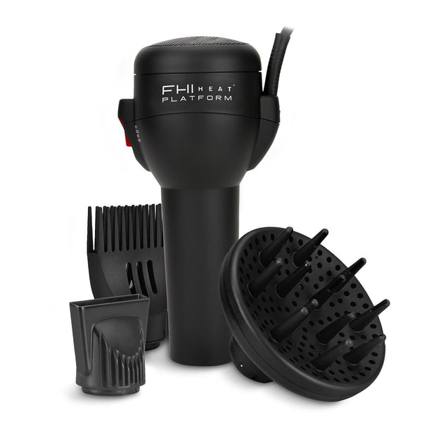 FHI Heat Platform Blow Out Handle-Less Negative Ion Hair Dryer — Lightweight Blow Dryer w/ HydraHeat for Frizz-Free Styles — Hairdryer with Diffuser Attachment, Nozzle, Comb — Handleless Hair Dryer