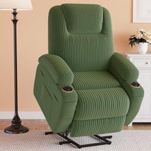 Power Lift Recliner Chair with Massage Ergonomic Recliner Chair for Elderly People, Single Sofa with Cup Holders, Side Pockets (Corduroy, Green)