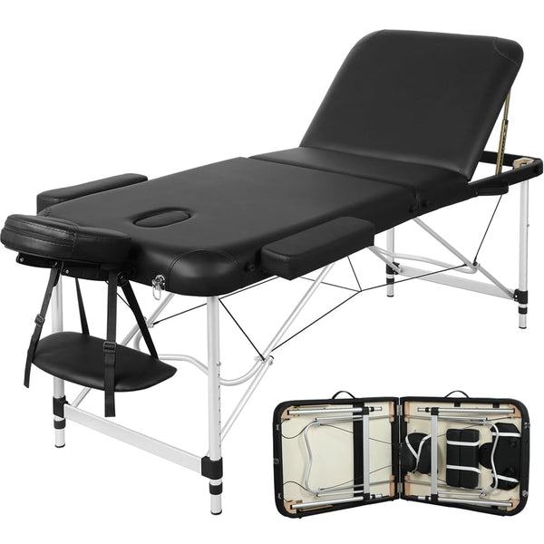 Yaheetech Massage Tables Portable Tattoo Table Adjustable Lash Bed Aluminium 3 Folding Spa Bed with Non-Woven Bag 28 inch Wide Black