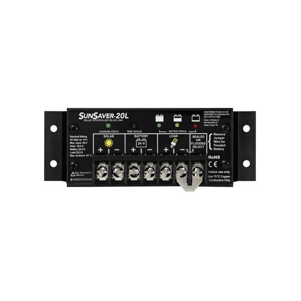 Morningstar SunSaver 20A PWM Solar Charge Controller (SS-20L-24V) - Solar Panel Regulator for 24V Batteries, Four Stage Battery Charging, LVD, HazLoc Rated, Low Noise, 5 Year WTY - Designed in the USA