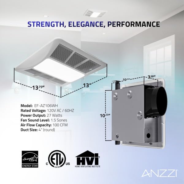 ANZZI Exhaust Fan 100 CFM 1.5 Sones Bathroom Exhaust Fan with LED Light & Humidity Sensor, Ceiling Mount (White)