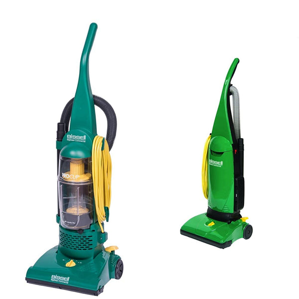 Bissell Commercial Pro Upright Dirt Cup Vacuum (Green) and BISSELL BigGreen Commercial PowerForce Bagged Lightweight, Upright, Industrial, Vacuum Cleaner