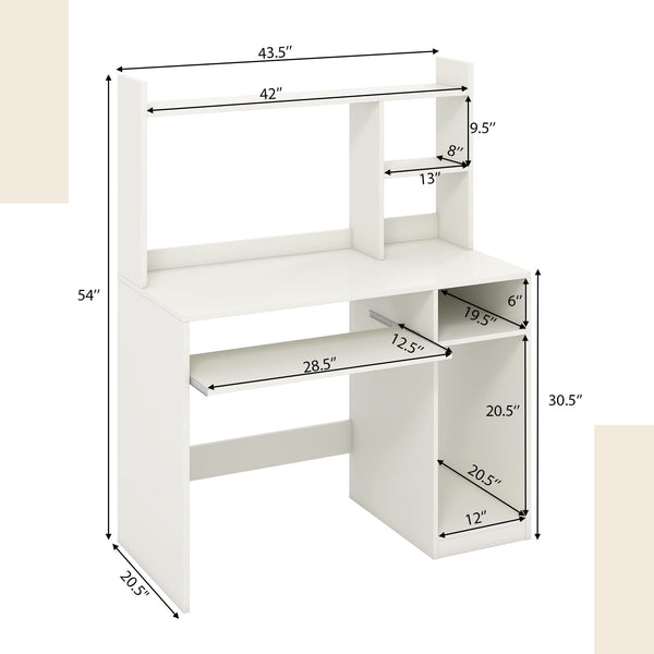 GLOBALWAY Home Office Desk w/Hutch, Gaming Table Workstation w/Keyboard Tray, CPU Stand, & Bookshelf, Modern & Space-Saving Writing Desk for Dorm, Bedroom, White