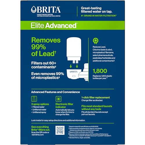 Brita Faucet Mount Water Filter for Sink, Removes 99% of Lead, Elite Advanced Filtration System, Includes 1 Replacement Filter, White