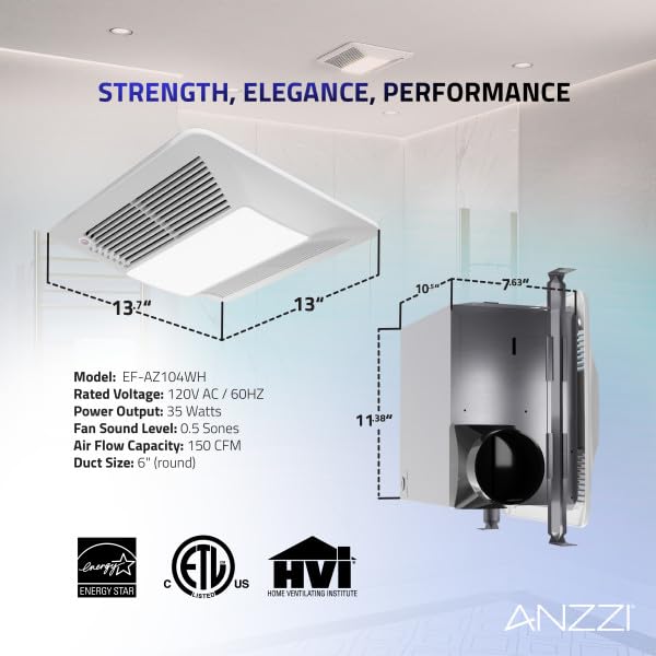 ANZZI Exhaust Fan 150 CFM 0.5 Sones Bathroom Exhaust Fan with LED Light & Humidity Sensor, Ceiling Mount (White)