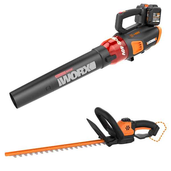 WORX WG584 40V Power Share Turbine Cordless Leaf Blower with Brushless Motor (2x20V Batteries) with Power Share 22-inch Cordless Hedge Trimmer