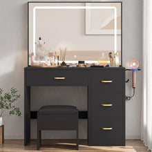 DWVO Makeup Vanity with Mirror, LED Lights Vanity Desk with Power Outlet, Vanity Set with 4 Drawers, Brightness Adjustable, Ample Storage Dressing Table with Cushioned Chair for Bedroom, Coal Black