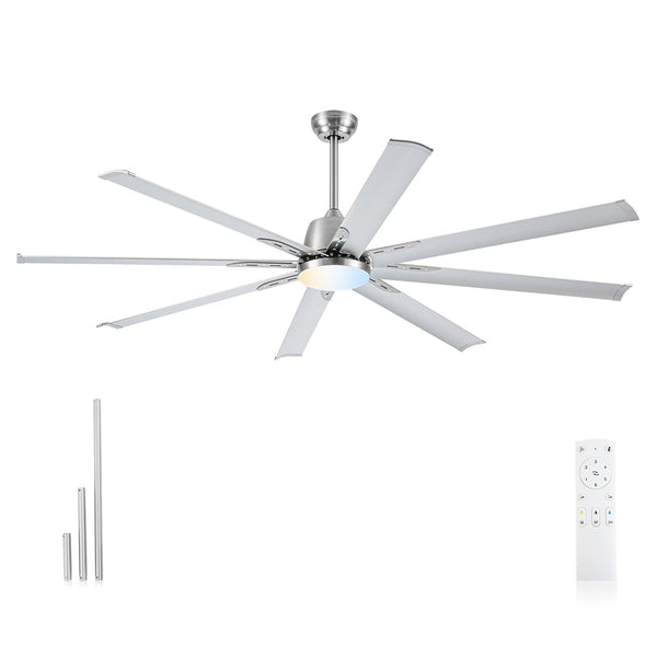 72 lnch lndustrial Celing Fan with Light and Remote Control,Large Celing Fan with 8 Brushed Nickel Aluminum Blades,6 Speed Noiseless DC Motor,Wet Rated Indoor Outdoor Ceiling Fans for Patio,Garage.