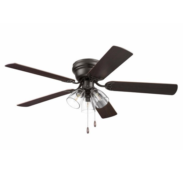 Portage Bay Ceiling Fans 52" Renton Bronze Indoor Fan with Clear 3 Light LED Multi Arm; E26/B11 Bulb and Pull-Chains, Traditional Style, 5 Reversible Barnwood/Dark Chestnut Blades, 51439