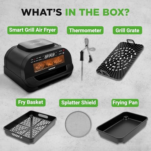 NutriChef Indoor Smokeless Grill | Smart Grill & Air Fryer with 7 Cooking Functions | 6L Capacity | Includes Smart Thermometer | Precise Temperature Control | Non-Stick Removable Grill Plates