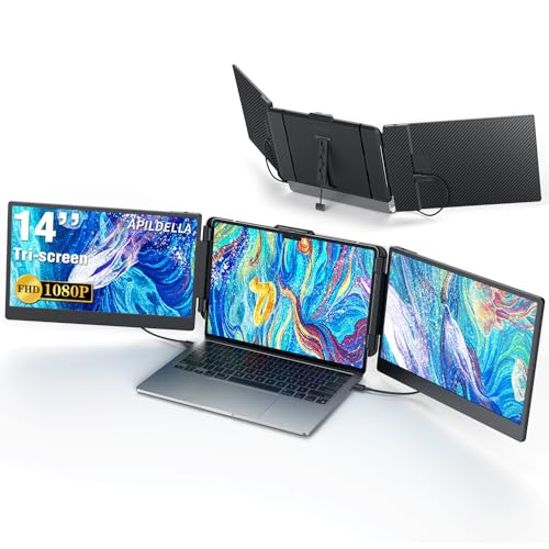 APILDELLA 14’’ Triple Laptop Screen Extender, 1080P FHD Portable Dual Monitor for Laptop USB C HDMI, Plug-Play Laptop Monitor Extender for Triple Display for Mac/Windows, Fit 13”-17.3” Laptops